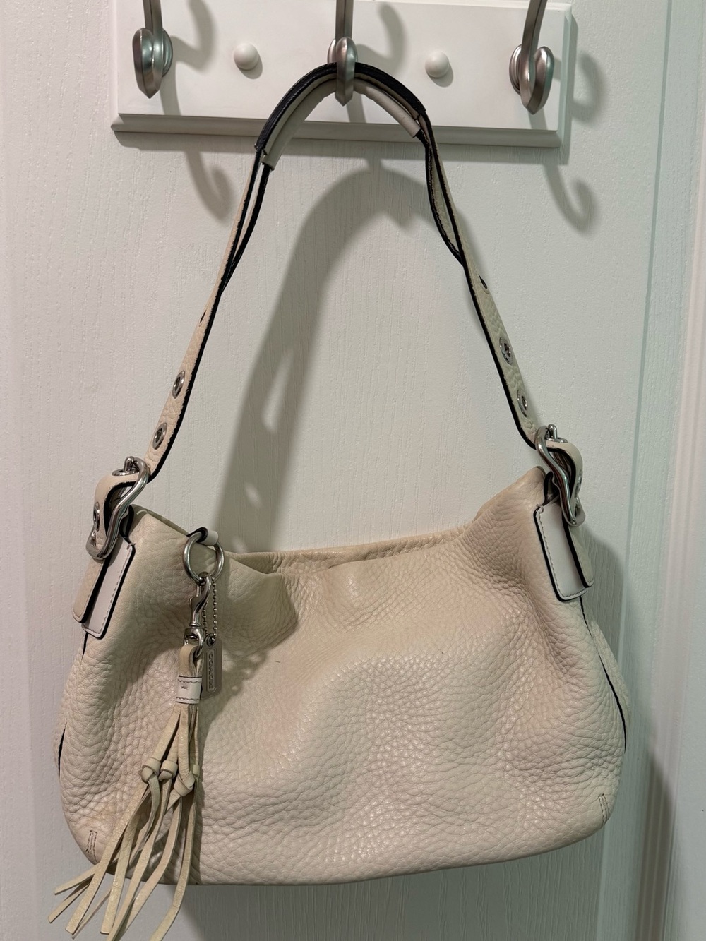 Coach Cream Pebbled Leather Shoulder Bag with Tassel